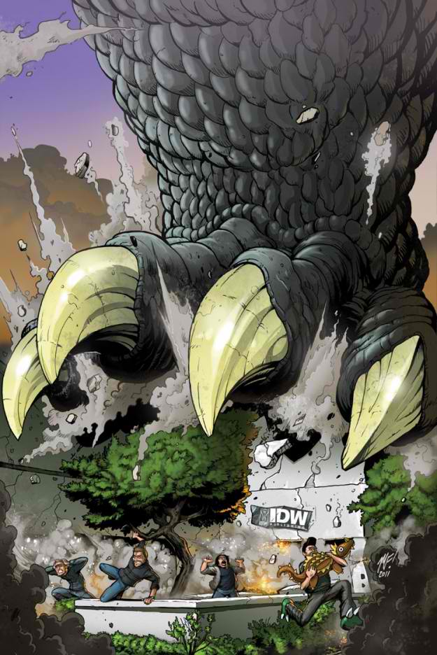 Godzilla smashing IDW Headquarters